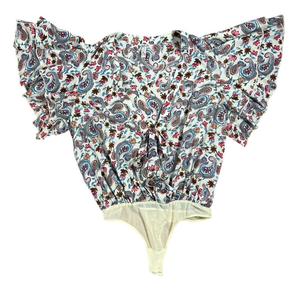 FREE PEOPLE women size Large Call Me Later Bodysuit Top Paisley Printed v-neck - Picture 7 of 11